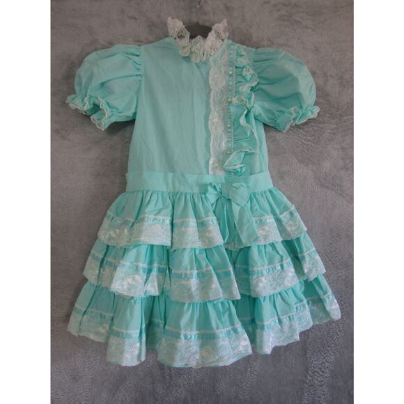 Vintage Mini World Girls Dress Size 6 Aqua Lace Ruffle Party Dress Made in USA - Picture 1 of 7